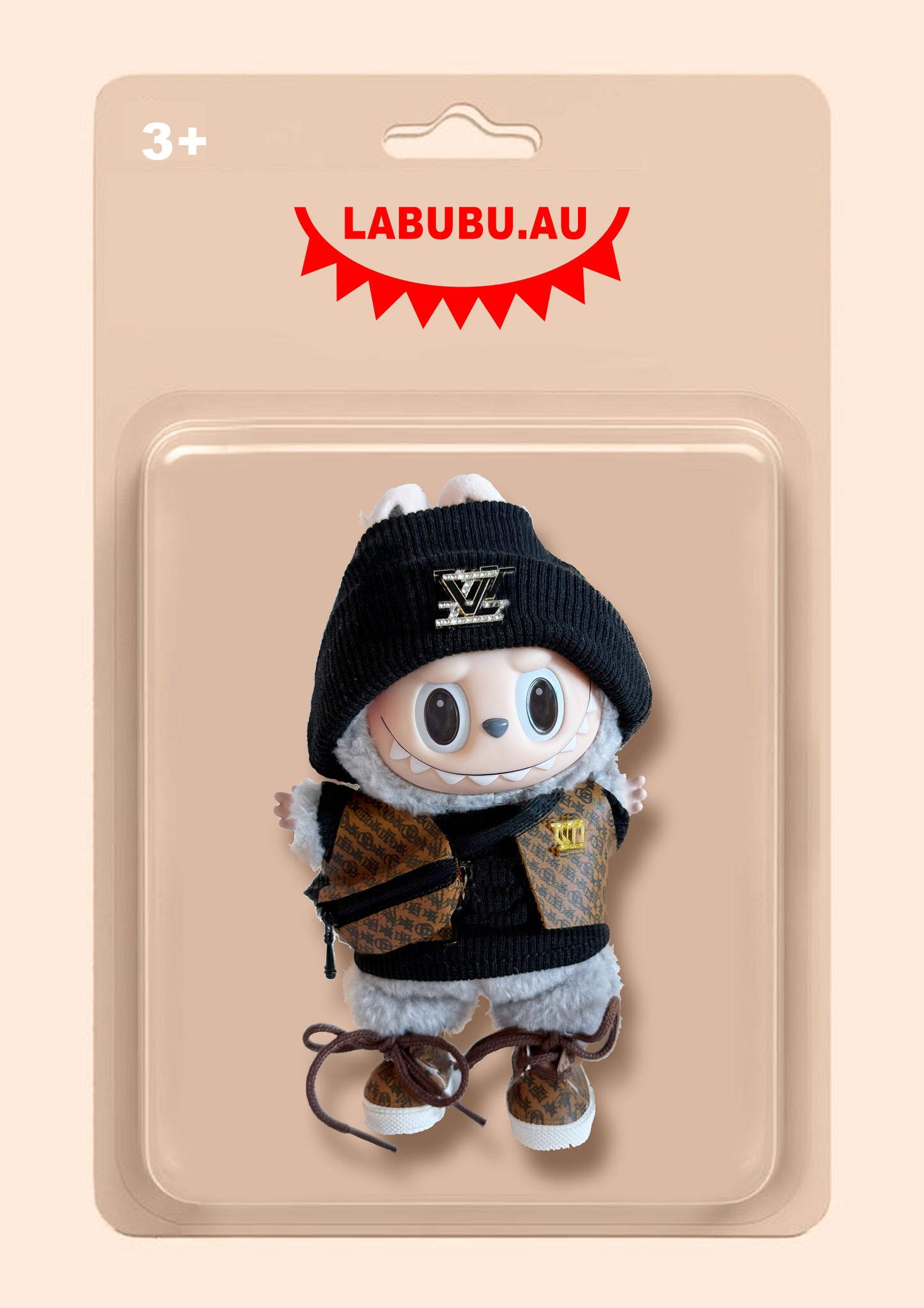 Labubu Outfit β LV inspired Ribbed Tracksuit + Puffer Vest + Brown Lace-Up Sneakers + Waist Bag