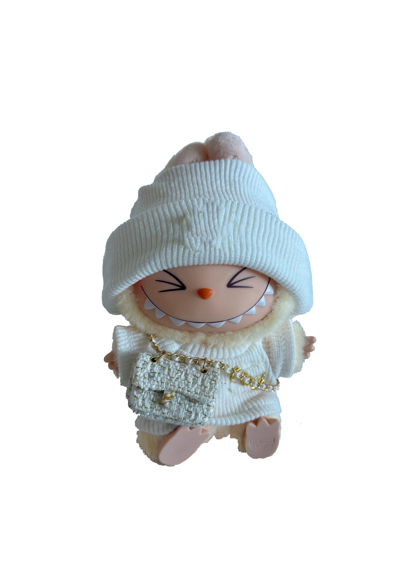 Labubu Outfit β Chanel inspired White Ribbed Set + Mini Tweed Backpack