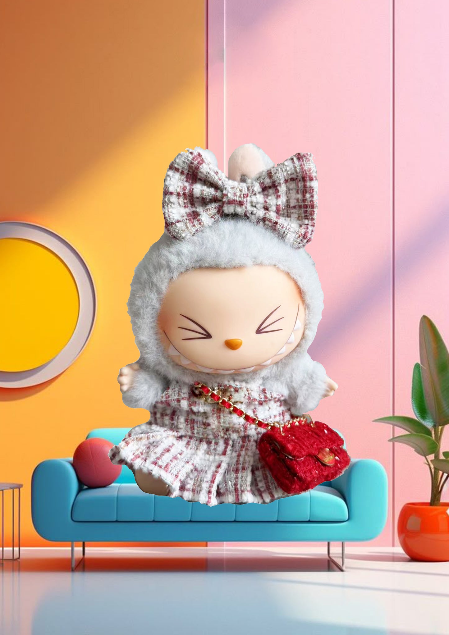 Labubu Have a Seat Blind Box + Vintage Red Tweed Dress Outfit
