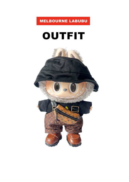 Labubu Outfit|Street Style|Fisherman Hat + Black T-Shirt + Printed Suspender Pants + Brown Boots + Crossbody Bag