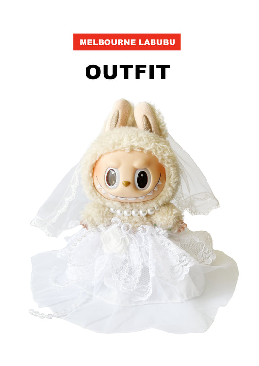 Labubu Bridal Outfit | White Veil + Pearl Necklace + Lace Gown | Dreamy Wedding Look