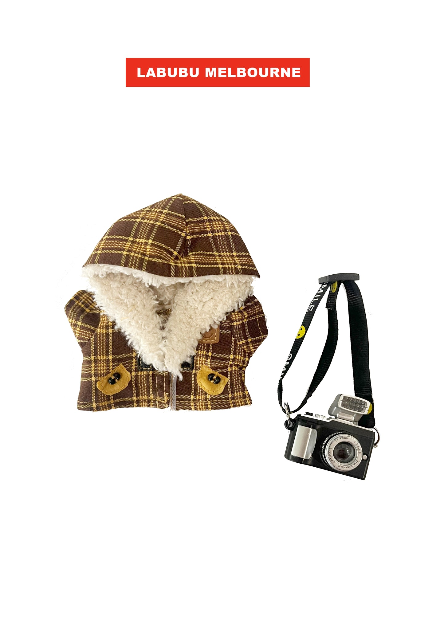 Labubu Autumn Outfit Set - Plaid Jacket & Camera | Cute Retro Style