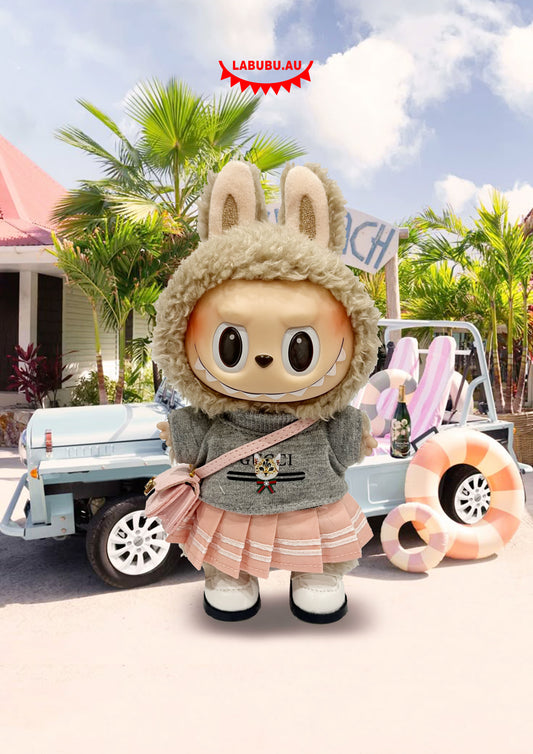 Labubu Outfit|Grey France -Style Tee + Pink Pleated Skirt + Pink Bag + White Shoes