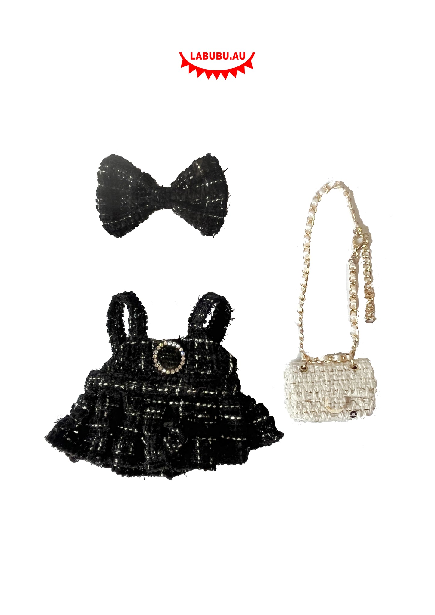 Labubu Outfit Chic & Classic Style Elegant Black Tweed Dress + White Bag