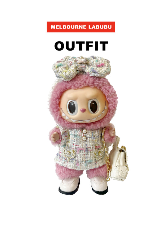 Labubu Outfit | Vintage Style| White Bow Head Accessories +Dress+ Leather White Shoes+ White Backpack