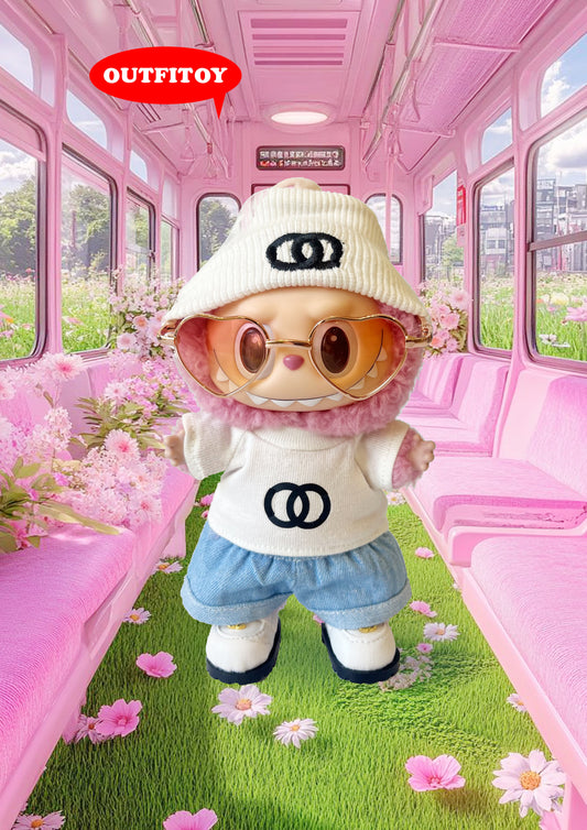 Labubu Knit Beanie+T-shirt+Denim Pants