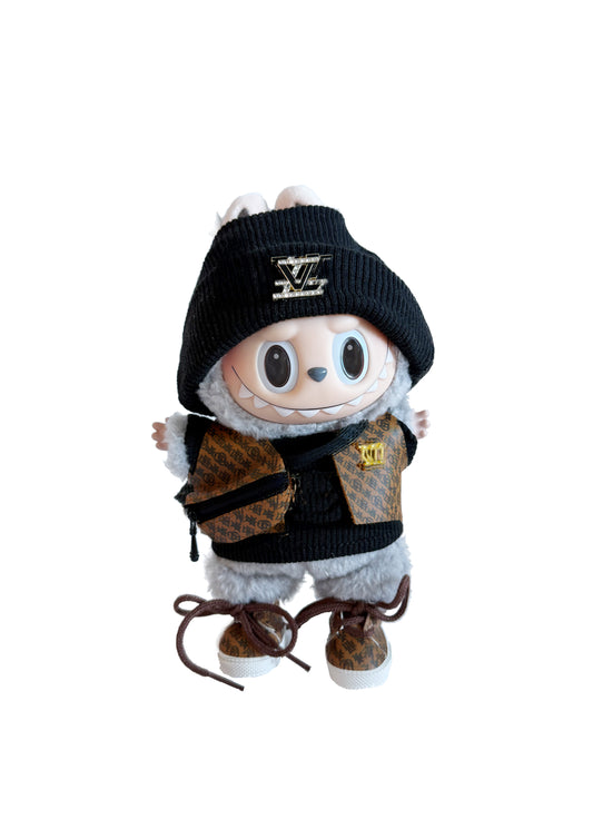 Labubu Outfit – LV inspired Ribbed Tracksuit + Puffer Vest + Brown Lace-Up Sneakers + Waist Bag