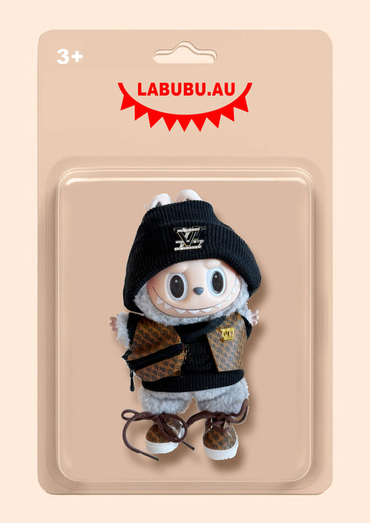 Labubu Outfit – France inspired Ribbed Tracksuit + Puffer Vest + Brown Lace-Up Sneakers + Waist Bag