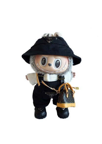 Labubu Outfit – France Style: Black Bucket Hat + Overalls + Shell Backpack + Black Dress Shoes