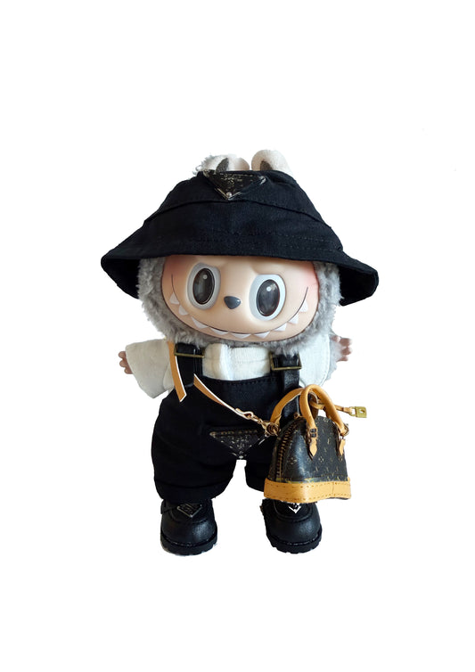 Labubu Outfit – Prada Style: Black Bucket Hat + Overalls + Shell Backpack + Black Dress Shoes