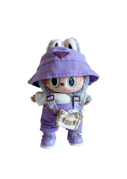 Labubu Outfit Prada Style Purple Bucket Hat + Overalls + Box Bag + Leather Shoes