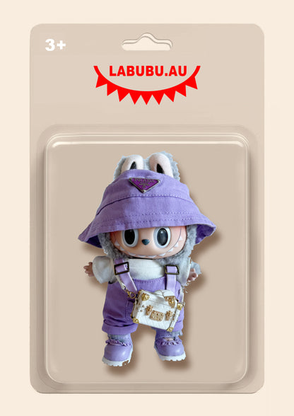 Labubu Outfit Purple Style Purple Bucket Hat + Overalls + Box Bag + Leather Shoes
