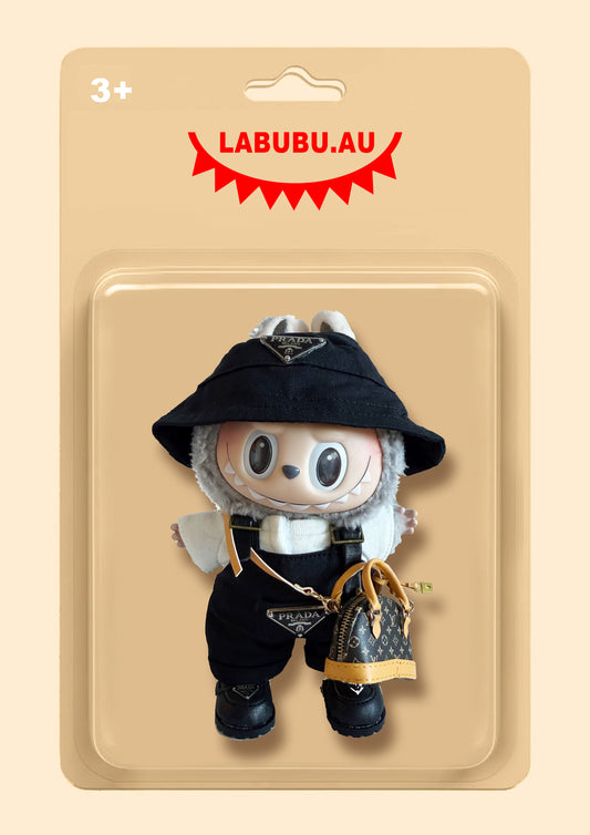 Labubu Outfit – France Style: Black Bucket Hat + Overalls + Shell Backpack + Black Dress Shoes