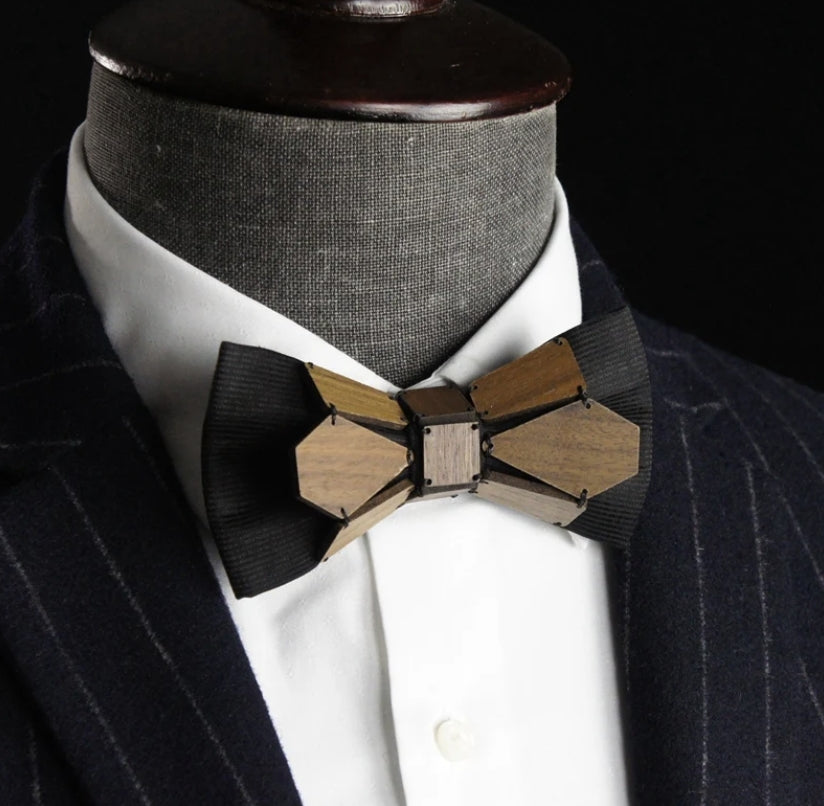 Black&Walnut Wood Geometry Series Wood Pre-tied Bowtie