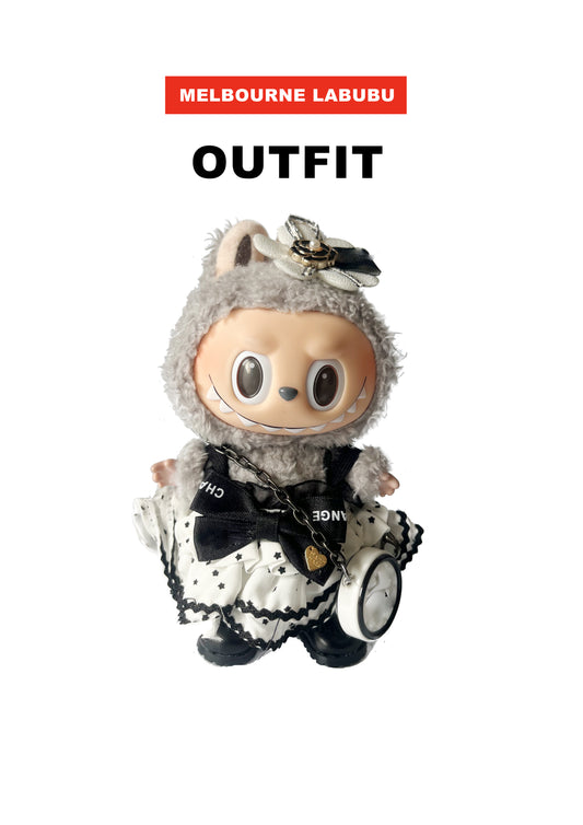 Labubu Outfit Black & White Tulle Dress Set with Headdress, Mini Round Bag & Princess Shoes