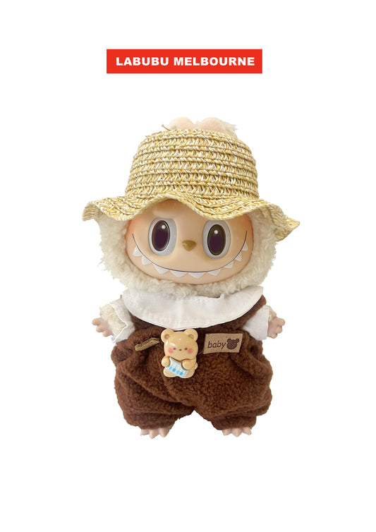 Labubu Outfit – Bear Overalls Set with Straw Hat