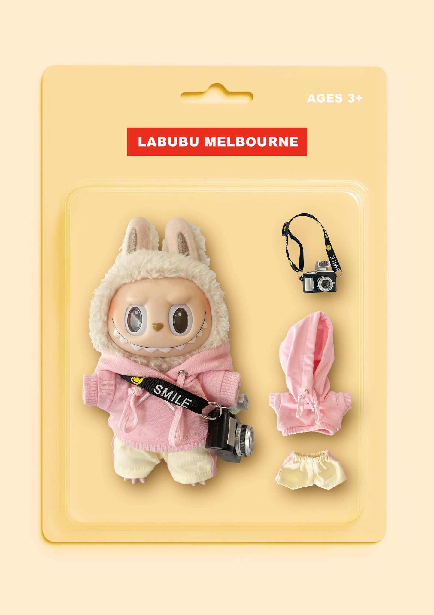 Labubu Outfit |Sporty style| Pink Hoddie + Light Yellow Sweatpants + Accessories: Camera