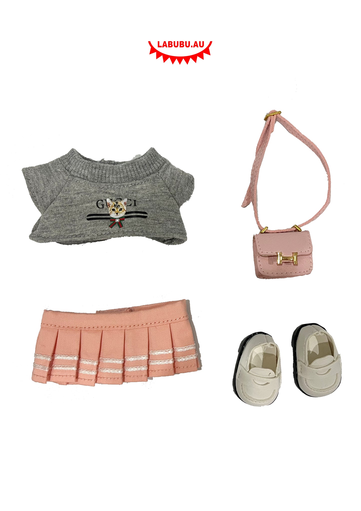 Labubu Outfit｜Grey Gucci-Style Tee + Pink Pleated Skirt + Pink Bag + White Shoes