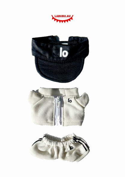 Labubu Outfit Trendy Sportswear Set - White Tracksuit + Black Baseball Cap
