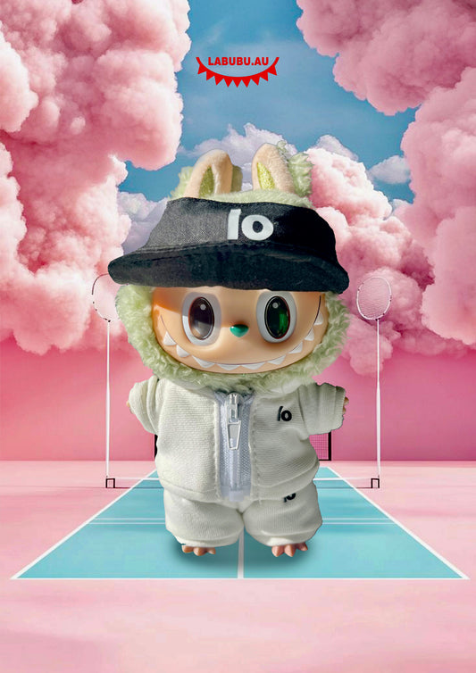 Labubu Outfit Trendy Sportswear Set - White Tracksuit + Black Baseball Cap