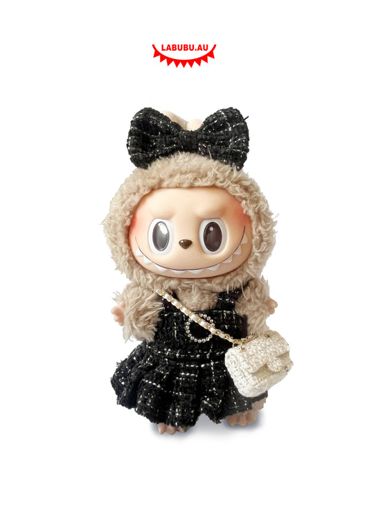 Labubu Outfit Chic & Classic Style Elegant Black Tweed Dress + White Bag