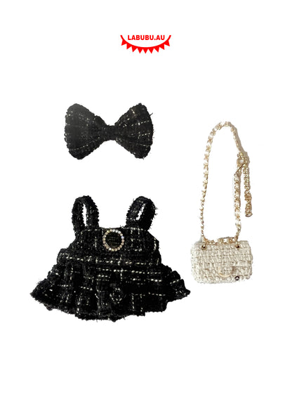 Labubu Outfit Chic & Classic Style Elegant Black Tweed Dress + White Bag