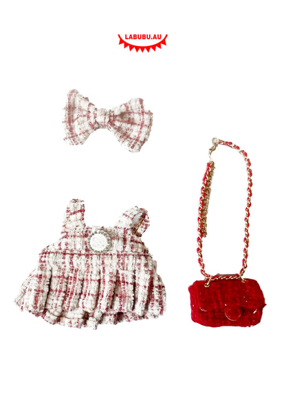 Labubu Outfit Vintage Red Tweed Dress