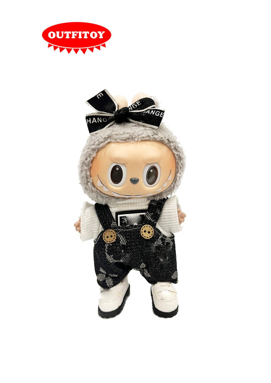 Labubu Outfit | Chic Monochrome Look | Bow Headband + Suspender Pants + White T-shirt + White Shoe